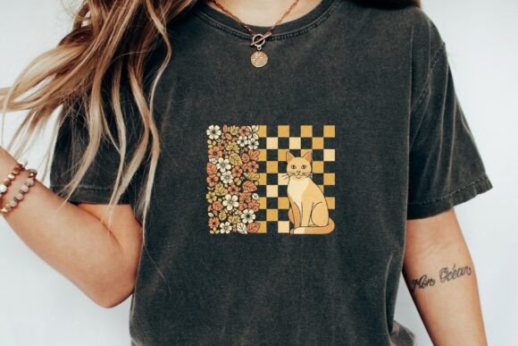 Download Retro Cat Floral Checkerboard Design Png - Checkerboard design Collection