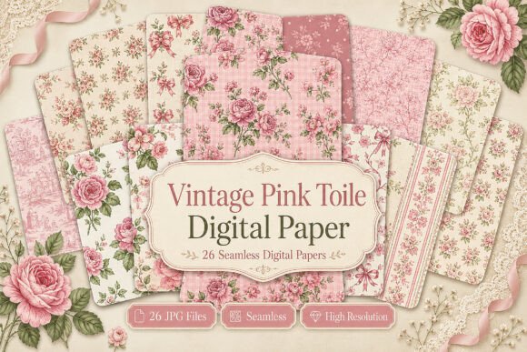 Download Vintage Pink Toile Digital Paper - Digital paper Collection